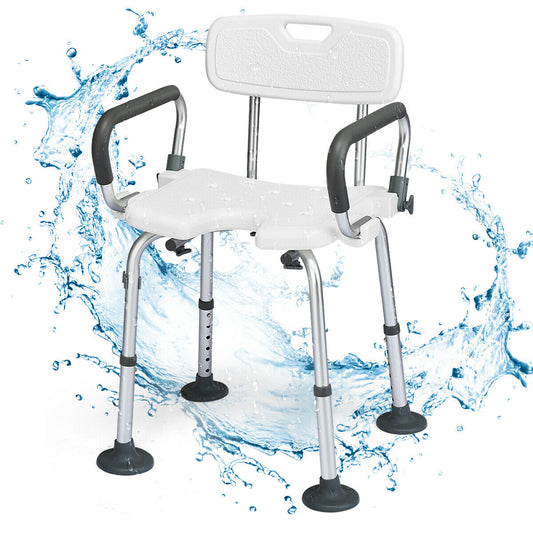 Shower Stool with Removable Arm and Back Rests. Adjustable Height